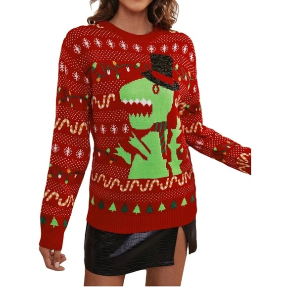 Simplee Women’s Ugly Christmas Red Sweater T Rex Dinosaur  With Hat Size S - Picture 1 of 5